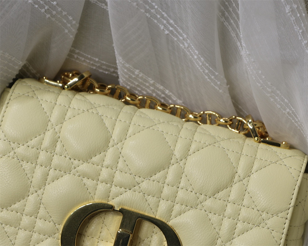 small d*or caro bag light yellow S*pple cannage calfskin 20 x 12 x 7 cm