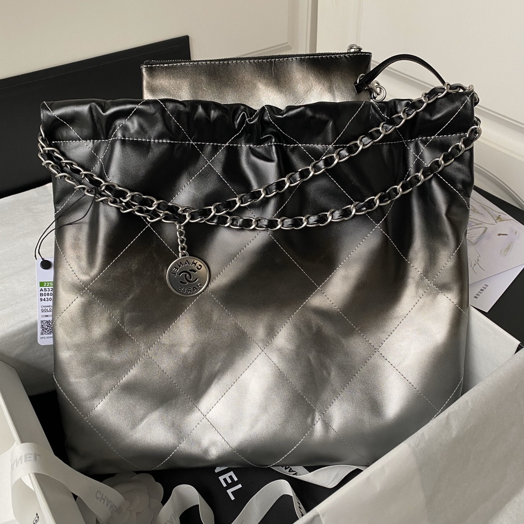 Ch*el 22 handbag shiny calfskin silver 15.2×16.4×3.1 in