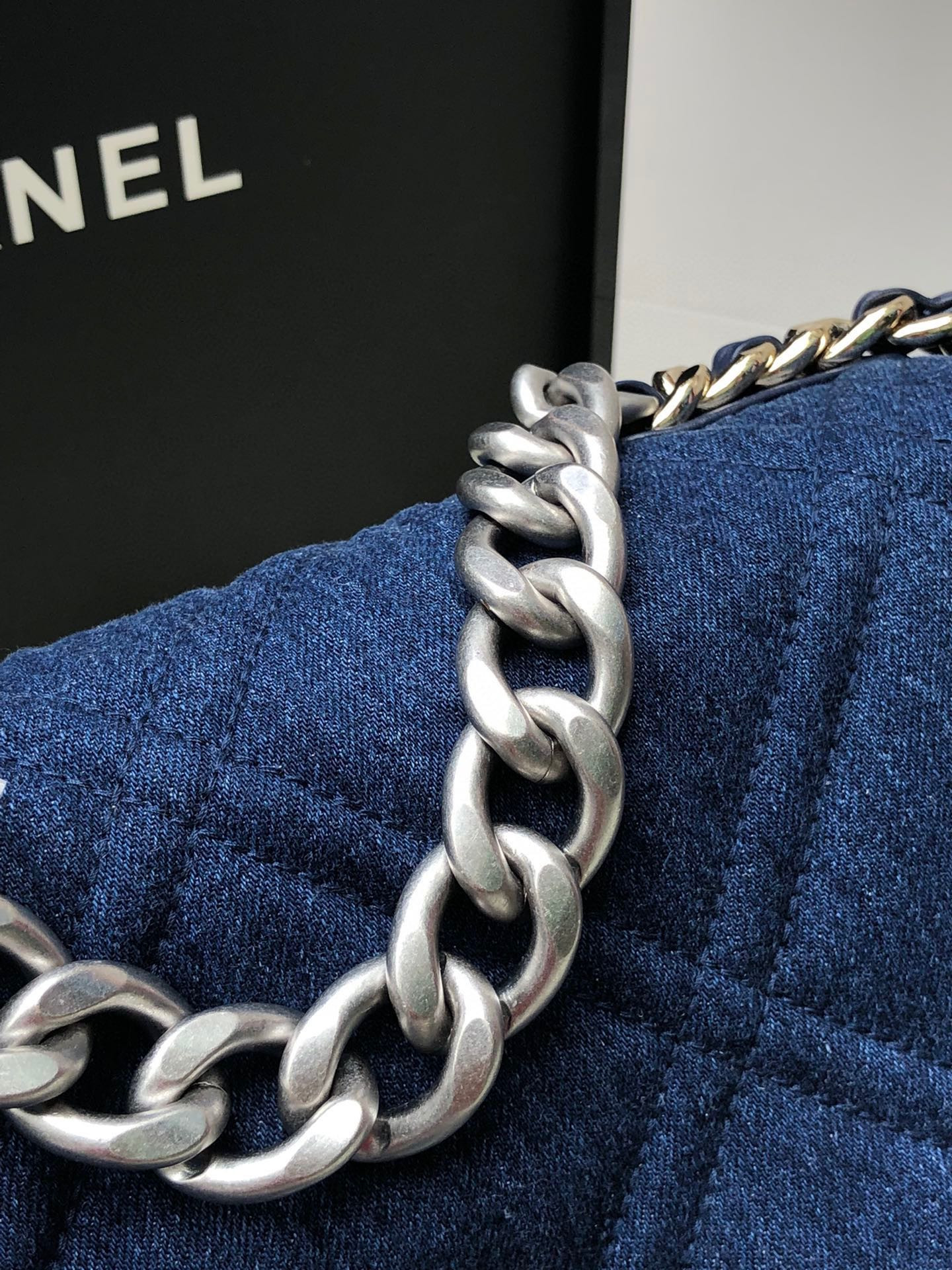 Ch*el 19 large handbag, gold-tone, silver-tone & ruthenium-finish metal blue 7.8 × 11.7 × 3.9 in