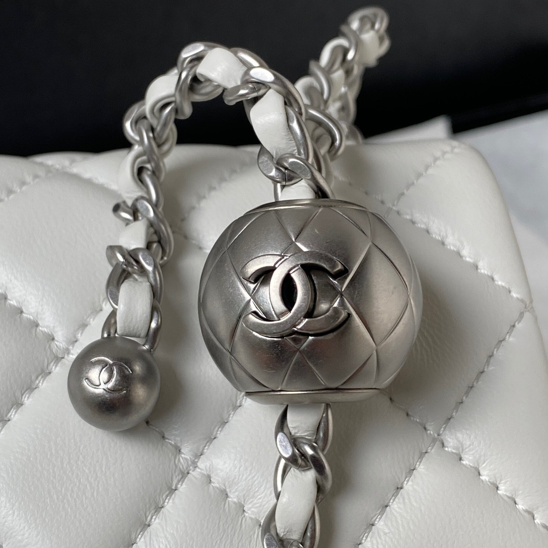 Ch*el mini flap bag shiny calfskin & silver-tone metal white 4.7 × 7.8 × 2.3 in