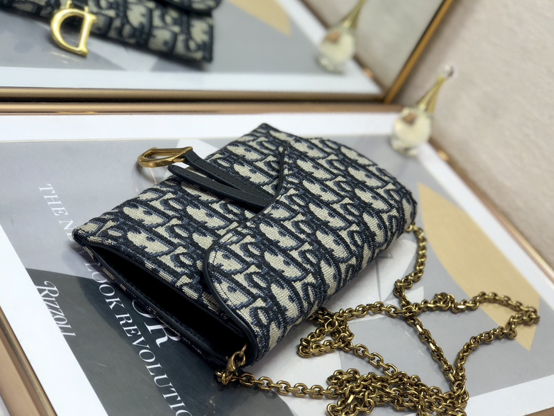 D*or saddle pouch with chain blue D*or oblique jacquard 8.5 x 5 x 1.5 inches