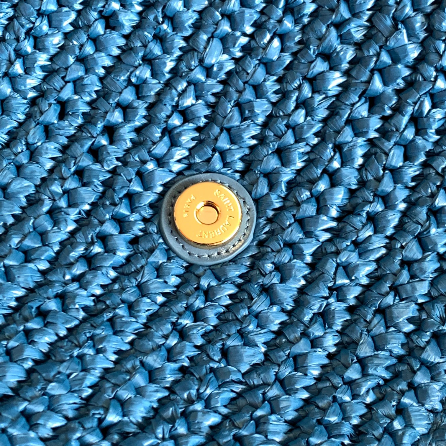 Y*L niki medium chain bag in raffia and leather blue 11 x 7.8 x 3.3 inches