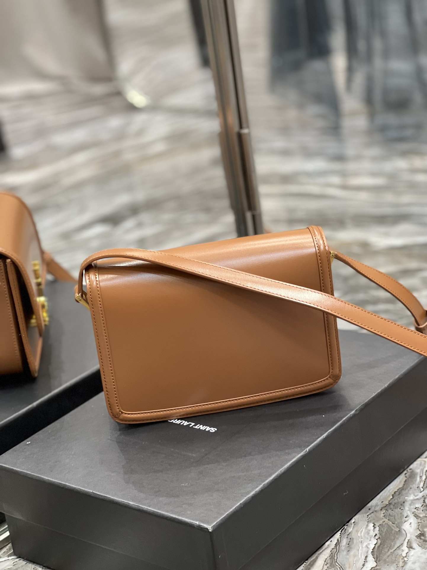 y*l solferino medium satchel in box Sa**t Lau*nt brown 9.1 x 6.3 x 2.4 inches