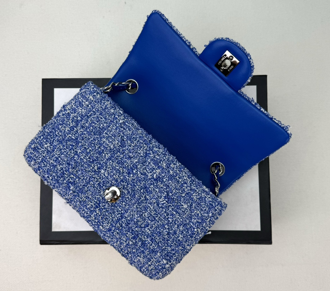 Ch*el mini classic 11.12 handbag tweed & silver-tone metal 4.7 × 7.8 × 2.3 in