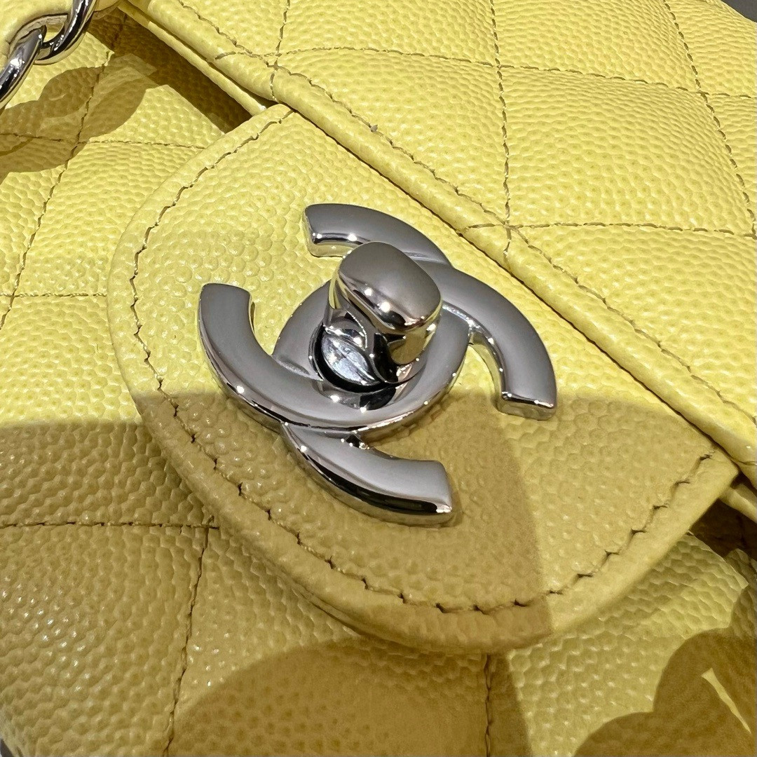 Ch**el CLASSIC HANDBAG GRAINED CALFSKIN & SILVER - TONE METAL Yellow 6×9.9×2.5in