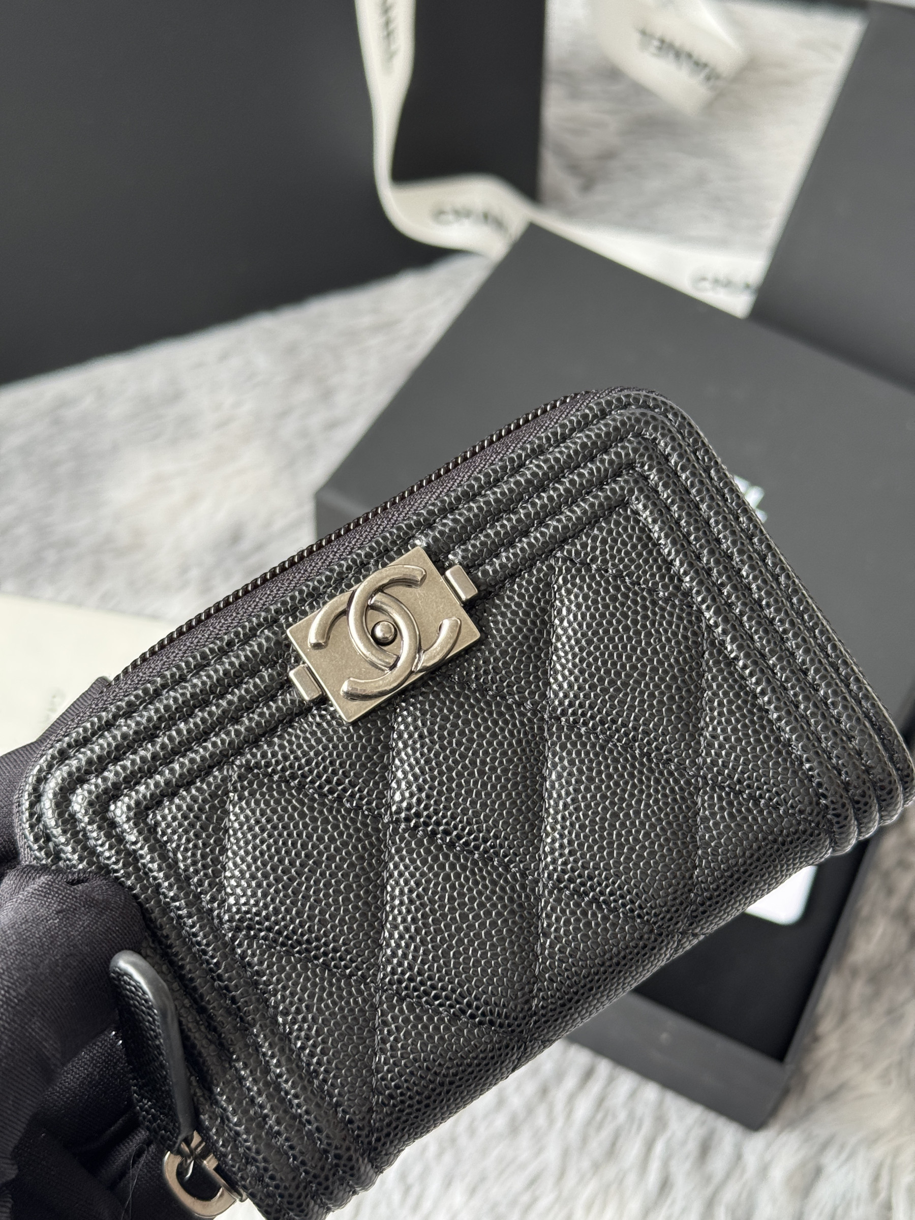 Chanel Boy Zip Around Coin Purse Wallet A80602 7.5x11cm