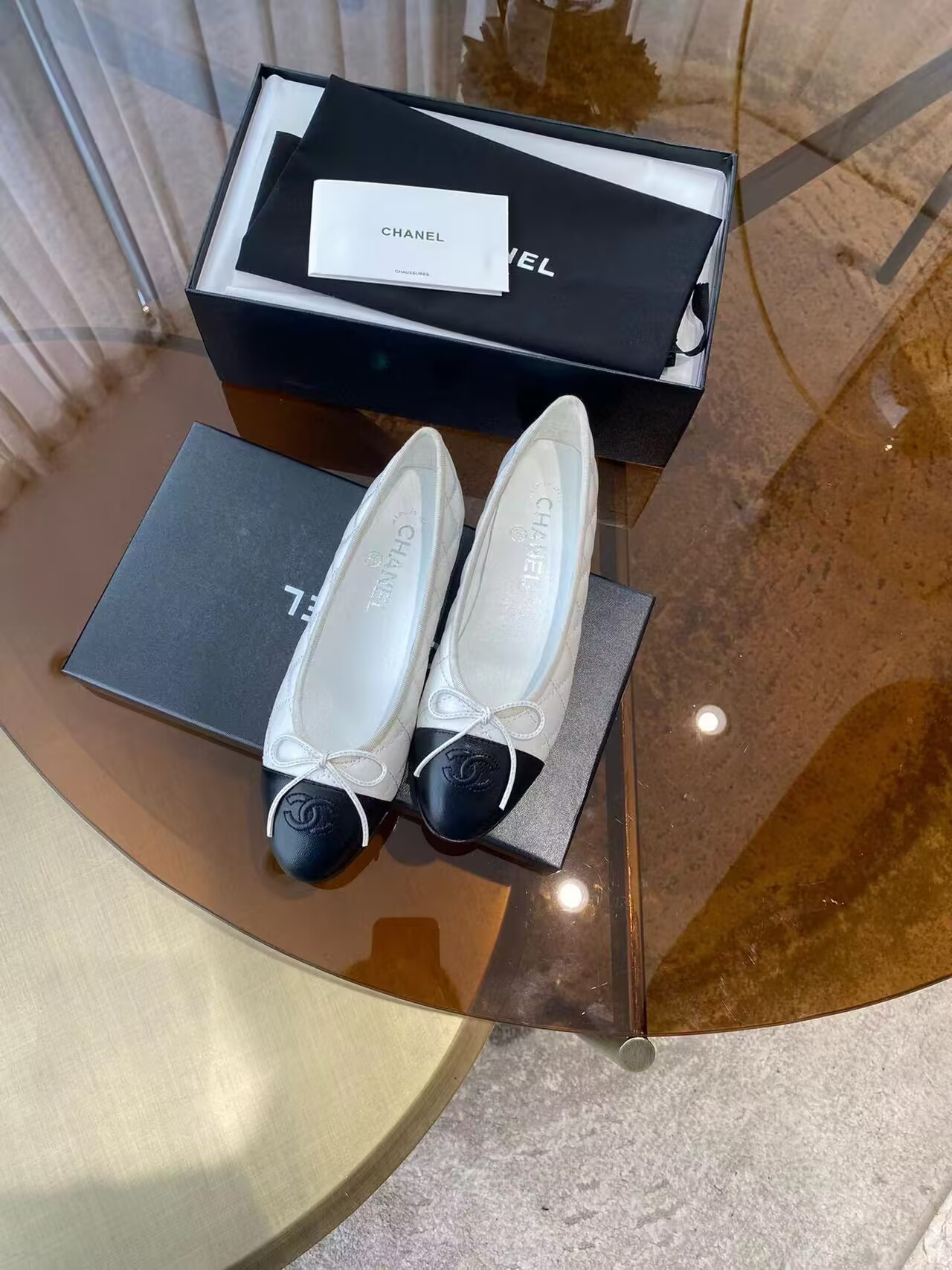 Ch**el BALLET FLATS Aged Calfskin White & Black