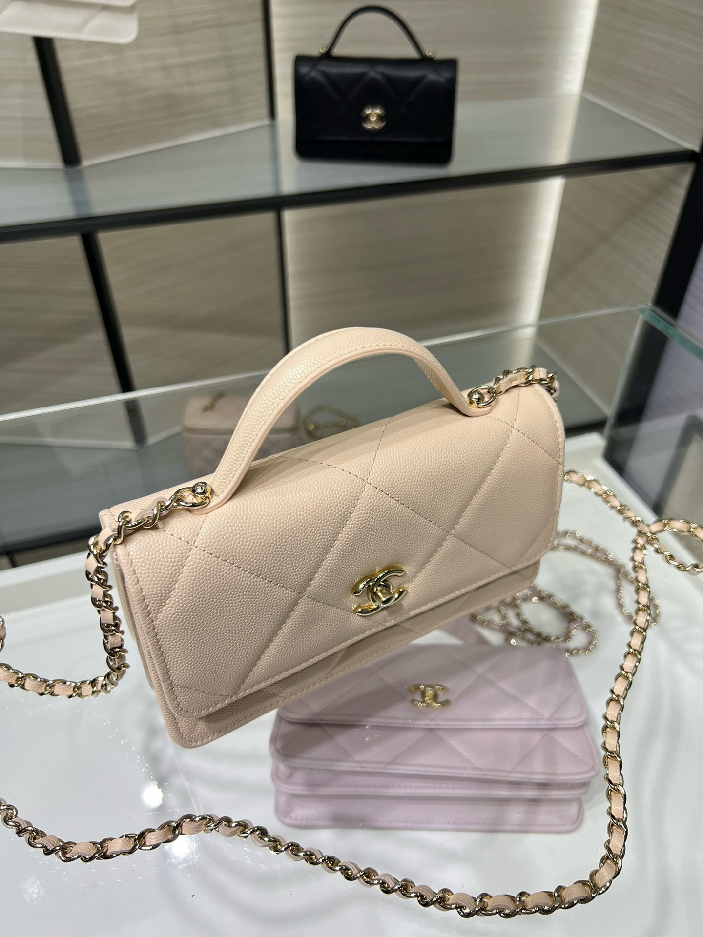 Ch**el flap bag with top handle wallet on chain 11x18.5x6cm