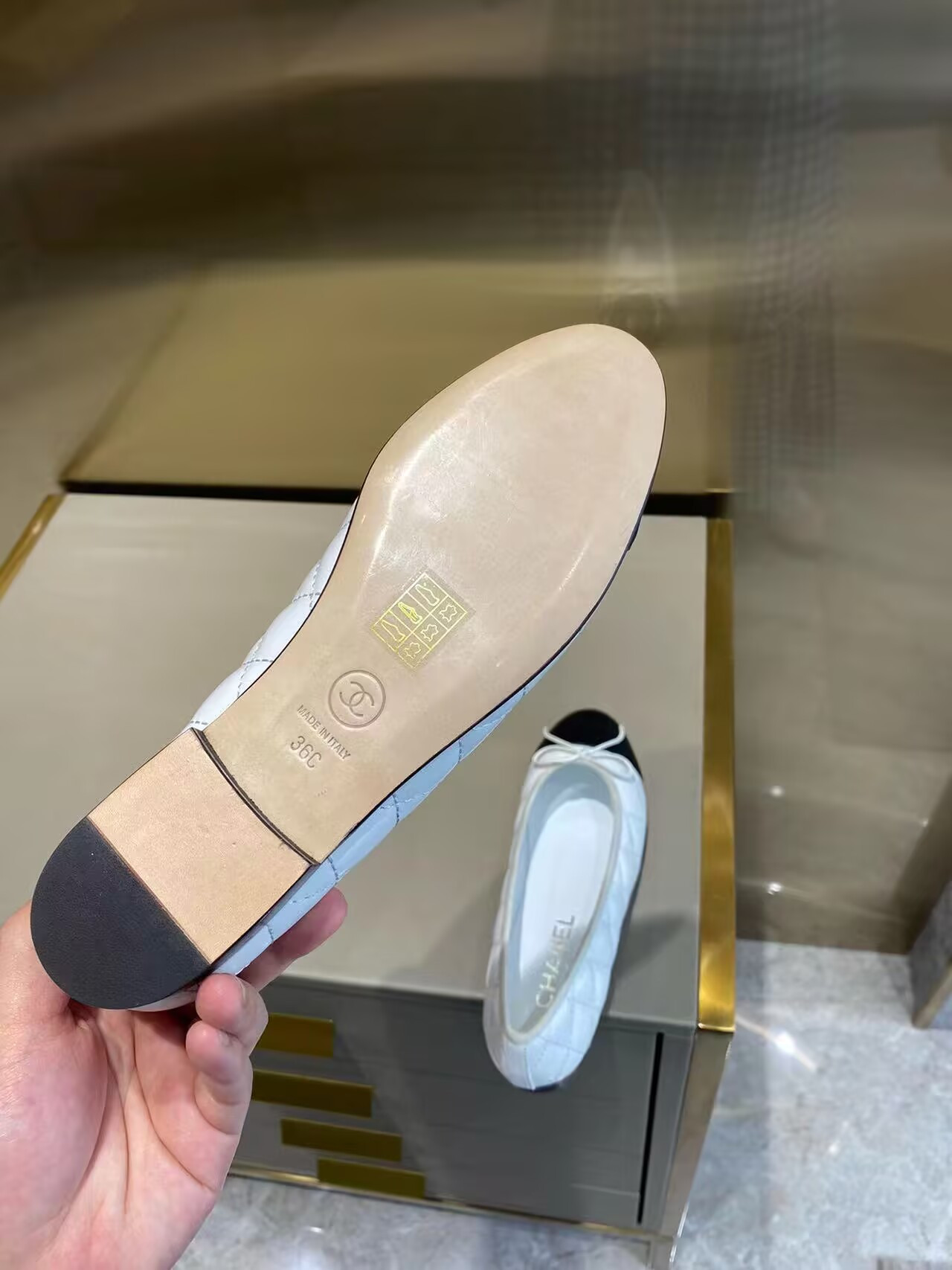 Ch**el BALLET FLATS Aged Calfskin White & Black