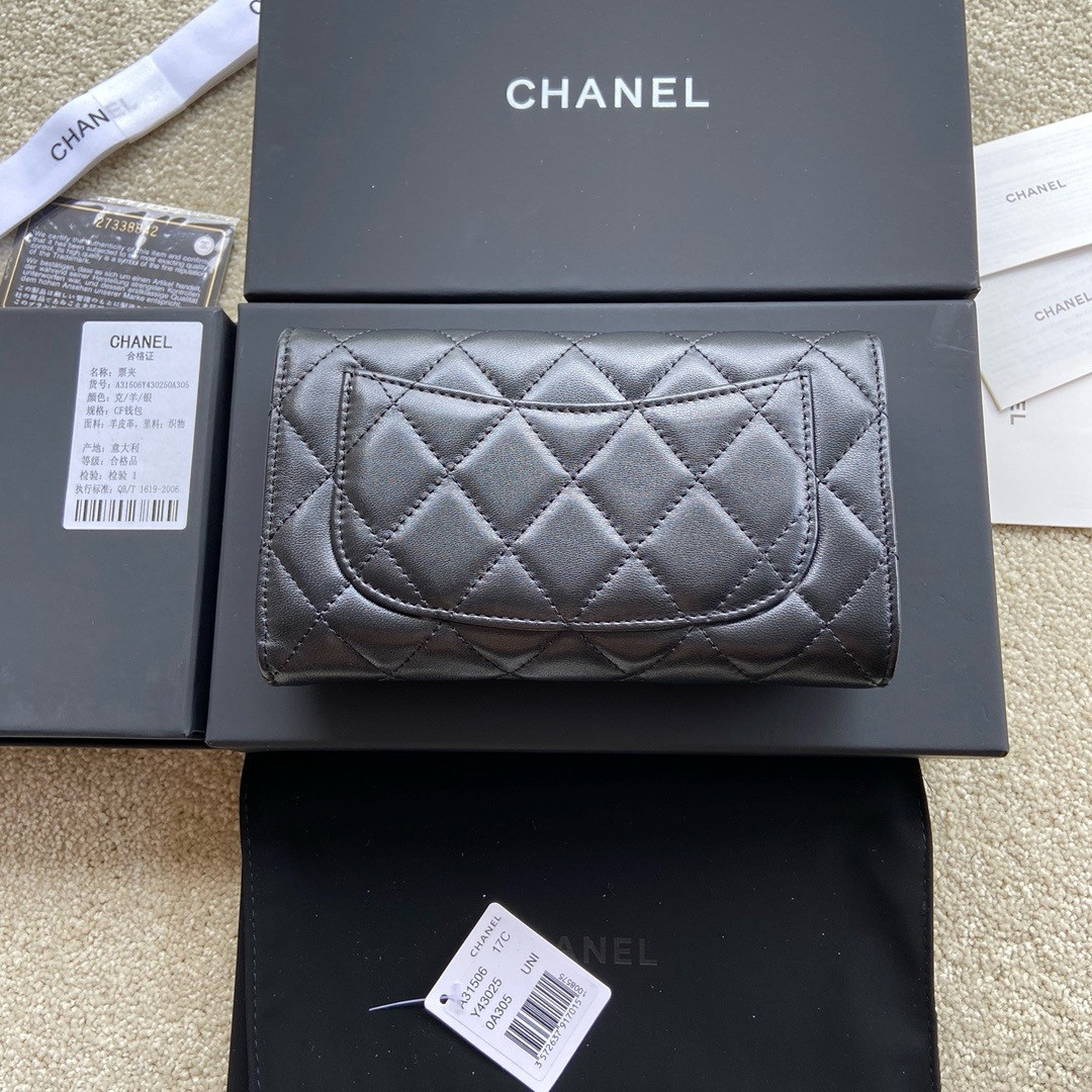 Ch**el FLAP WALLET BLACK SILVER 19.5 x10 cm