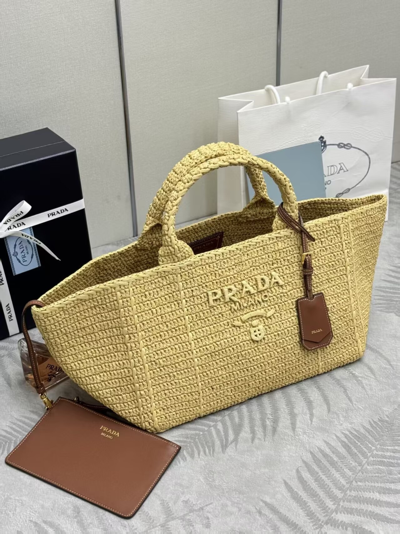 Prada Large crochet tote bag with leather details Without Box 23.5x35x22cm