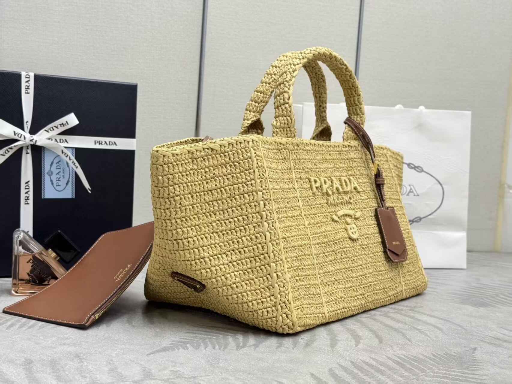 Prada Large crochet tote bag with leather details Without Box 23.5x35x22cm