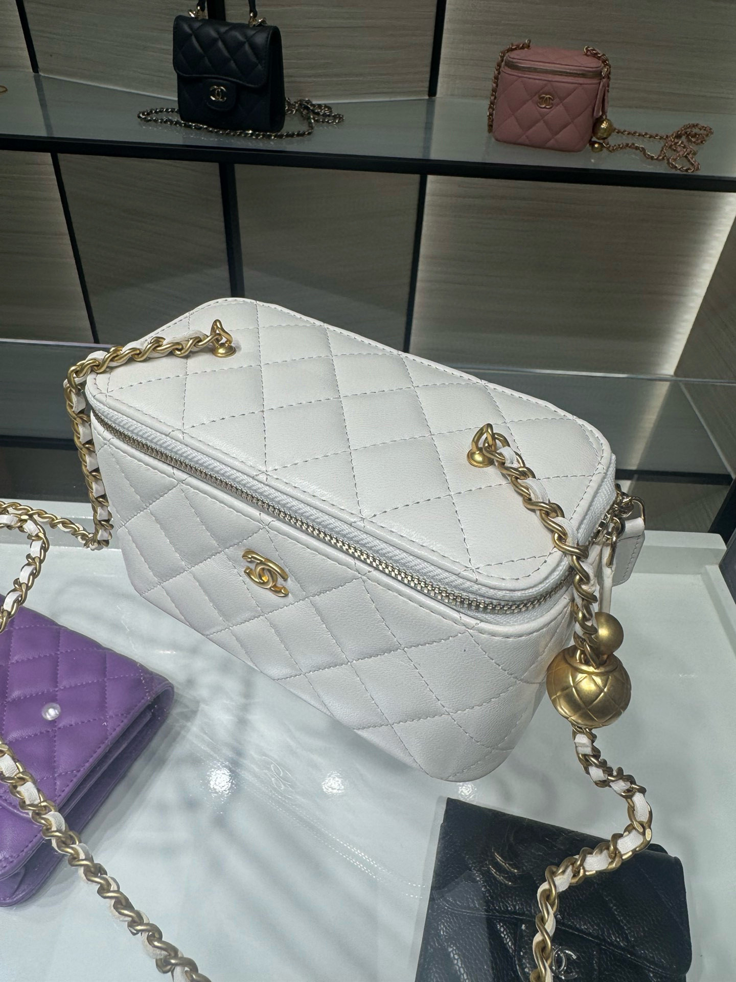 Ch**el Walnut Gold Ball Chain with Makeup Mirror Lamb Leather Square Box Shoulder Bag Women