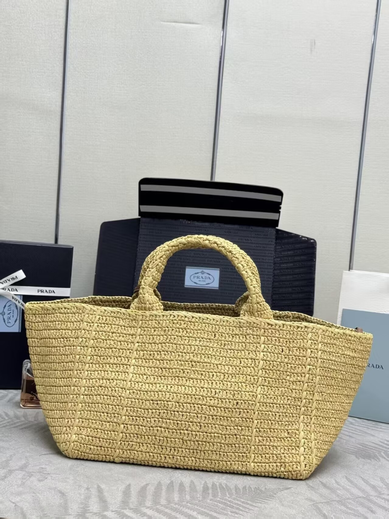 Prada Large crochet tote bag with leather details Without Box 23.5x35x22cm
