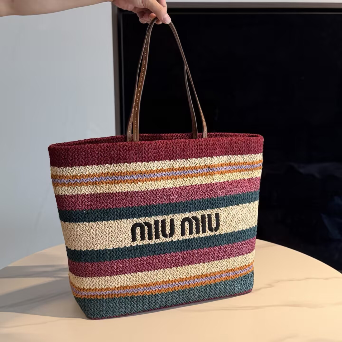 Miu Miu Raffia-effect Woven Tote Bag 30x34x16cm