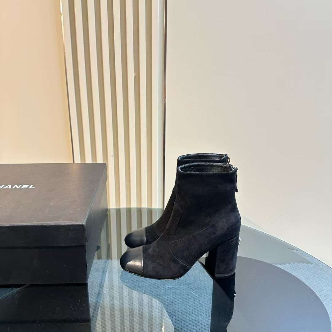Ch**el Short Boots Suede Calfskin & Lambskin Black