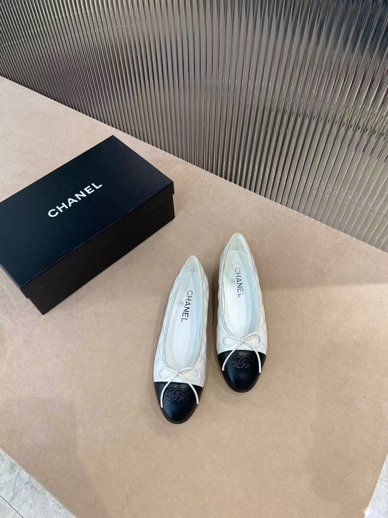 Ch**el BALLET FLATS Aged Calfskin White & Black