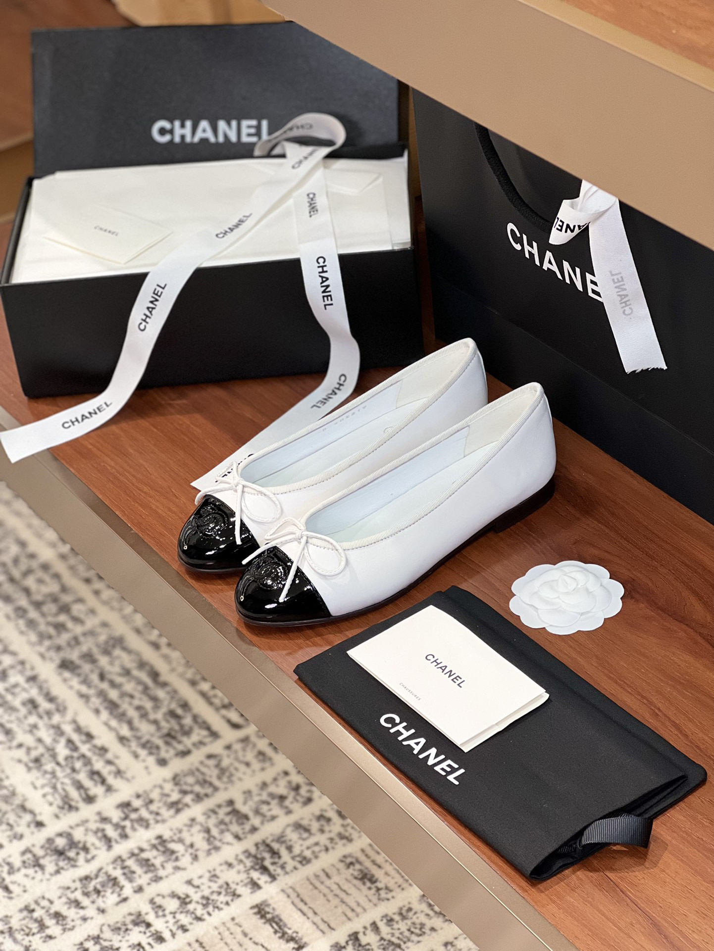 Ch**el BALLET FLATS Lambskin & Grosgrain White & Black