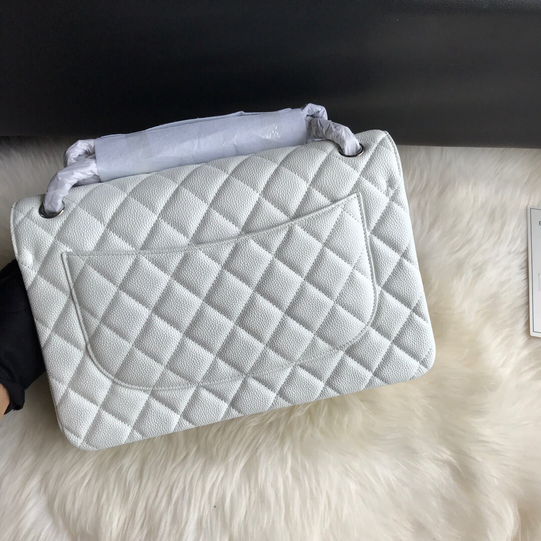Ch**el Classic Flap Jumbo 30cm CF White Silver 7.6 × 11.7 × 3.9 in
