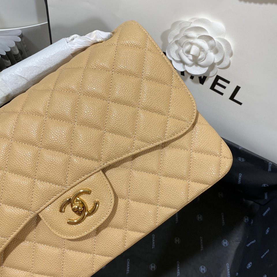 Ch**el Classic Flap Jumbo 30cm CF Khaki Gold 7.6 × 11.7 × 3.9 in