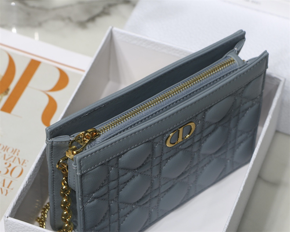 D10r CARO ZIPPED POUCH WITH CHAIN Blue S*pple Cannage Calfskin 19 x 14 x 4.5 cm