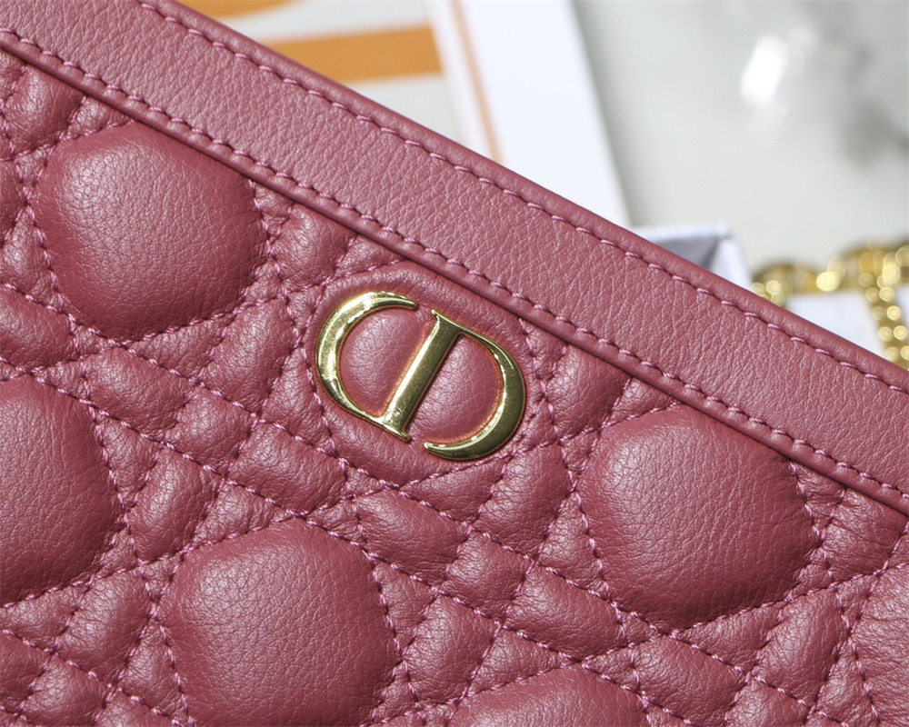 D10r CARO ZIPPED POUCH WITH CHAIN Red S*pple Cannage Calfskin 19 x 14 x 4.5 cm