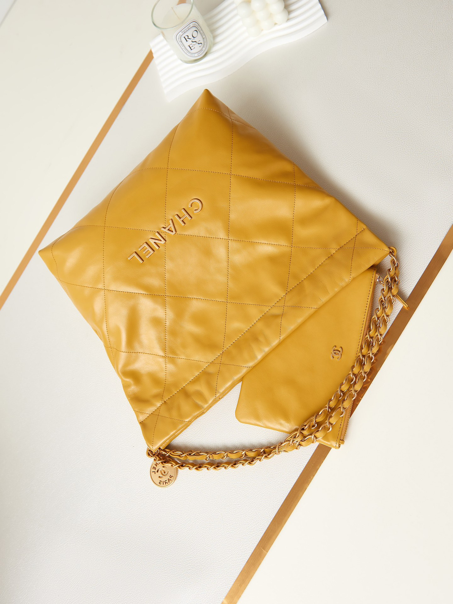 Ch**el 22 SMALL HANDBAG Shiny Calfskin YELLOW 13.7×14.4×2.7 in