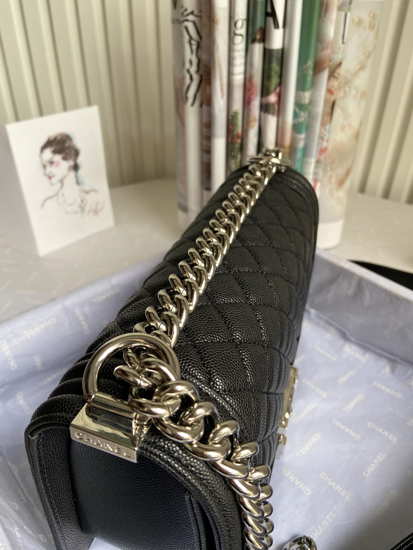 BOY Ch**el HANDBAG Shiny Grained Calfskin & Silver-Tone Metal Black 5.9 × 9.8 × 3.5 in