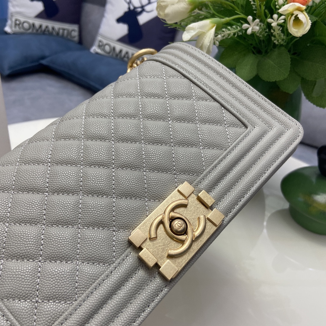 BOY Ch**el HANDBAG Shiny Grained Calfskin & Gold-Tone Metal Gray 5.9 × 9.8 × 3.5 in