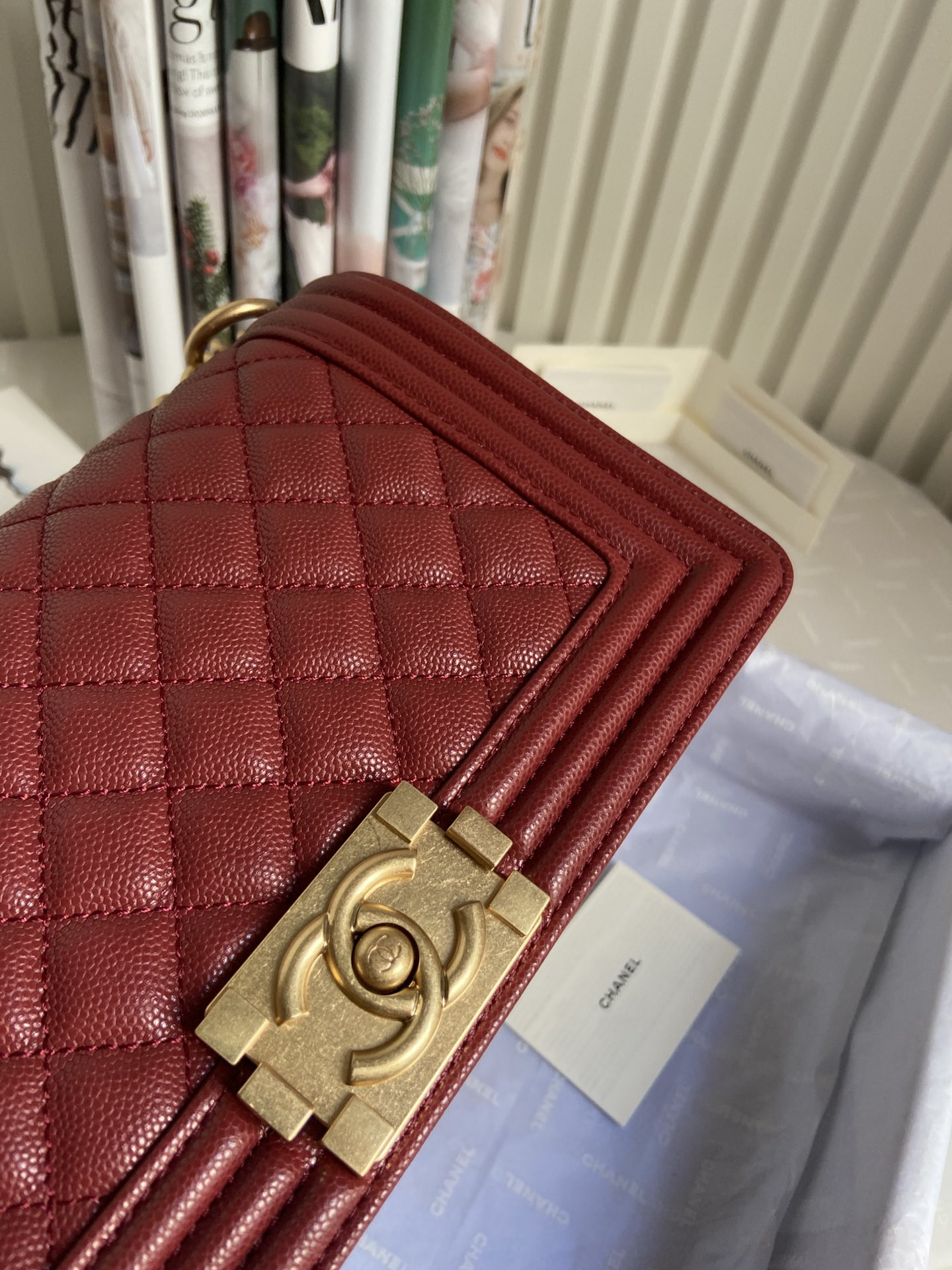 BOY Ch**el HANDBAG Shiny Grained Calfskin & Gold-Tone Metal red 5.9 × 9.8 × 3.5 in