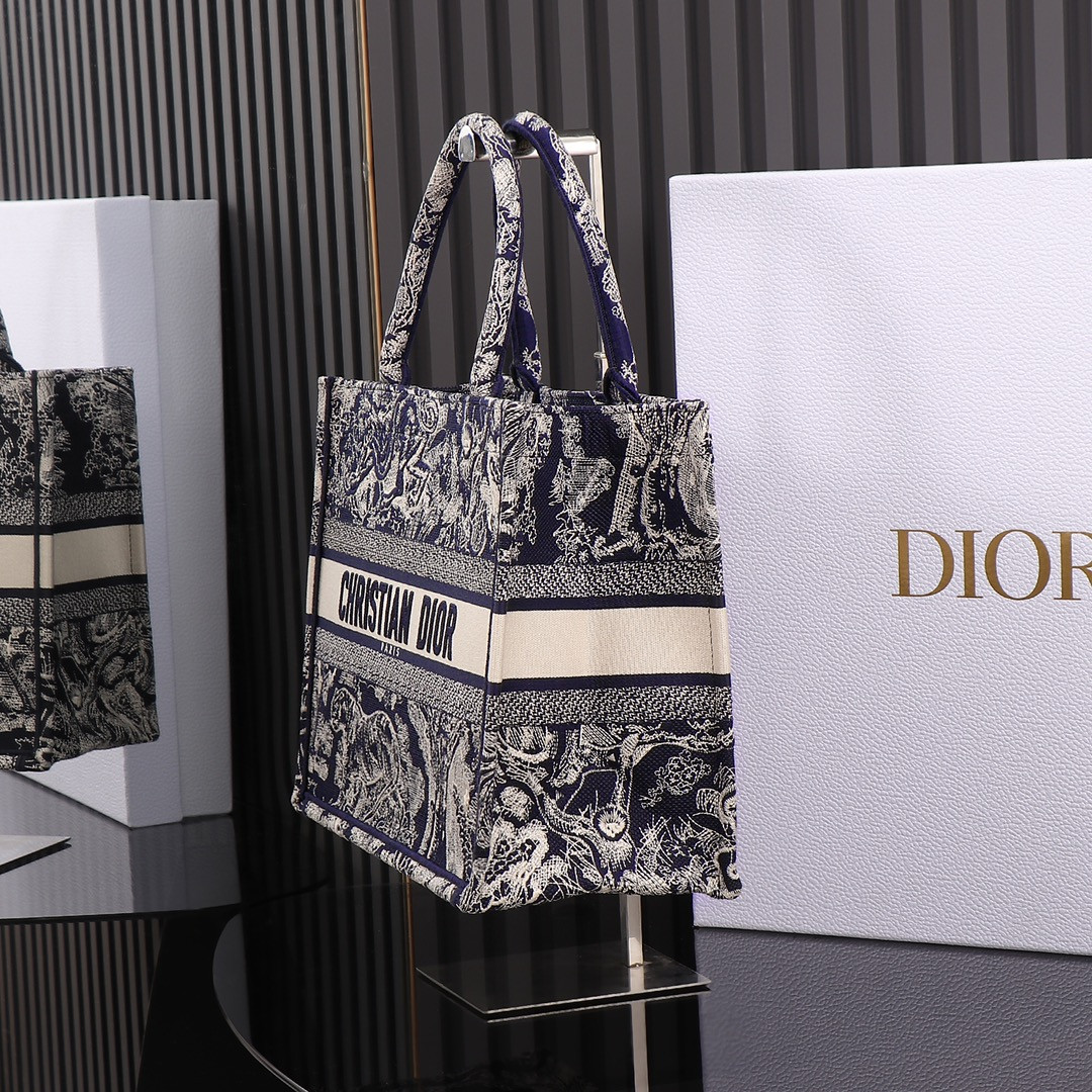 Medium D10r Book Tote Blue and Ecru Toile de Jouy Reverse Embroidery 14 x 11 x 6.5 inches