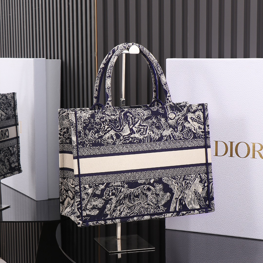 Medium D10r Book Tote Blue and Ecru Toile de Jouy Reverse Embroidery 14 x 11 x 6.5 inches