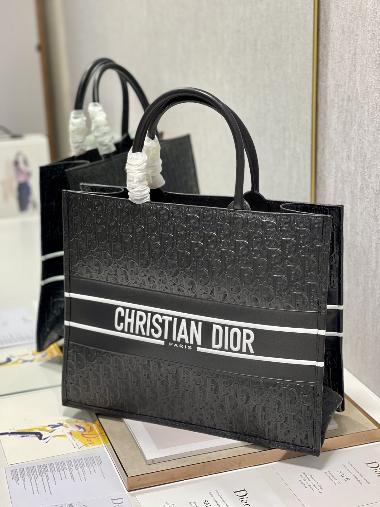 Large D10r Book Tote Black White D10r Oblique Embossed Calfskin 16.5 x 14 x 7.5 inches