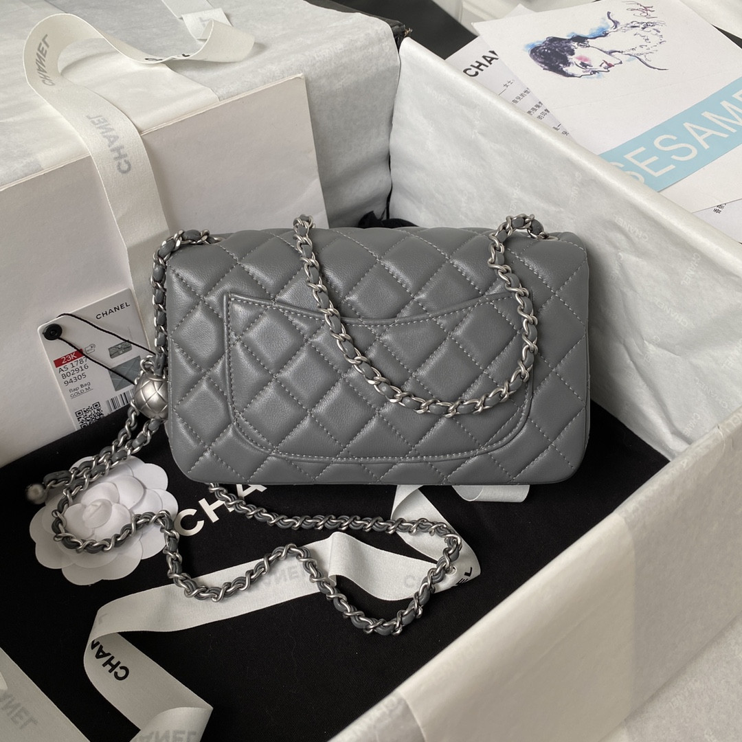 Ch**el MINI FLAP BAG SHINY CALFSKIN & SILVER-TONE METAL GRAY 4.7 × 7.8 × 2.3 in