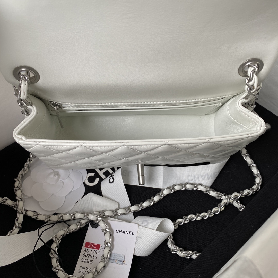 Ch**el MINI FLAP BAG SHINY CALFSKIN & SILVER-TONE METAL WHITE 4.7 × 7.8 × 2.3 in