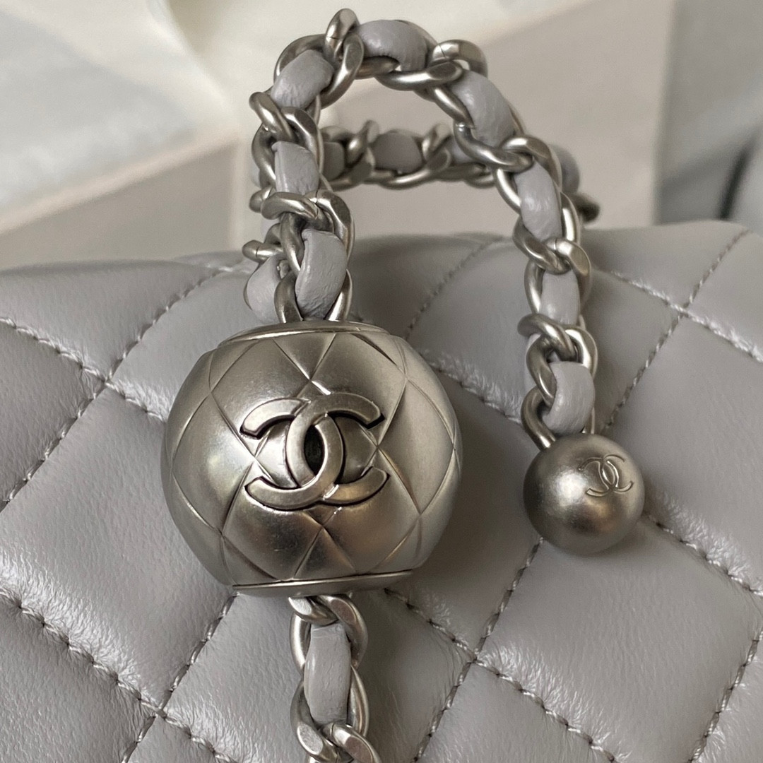 Ch**el MINI FLAP BAG SHINY CALFSKIN & SILVER-TONE METAL LIGHT GRAY 4.7 × 7.8 × 2.3 in