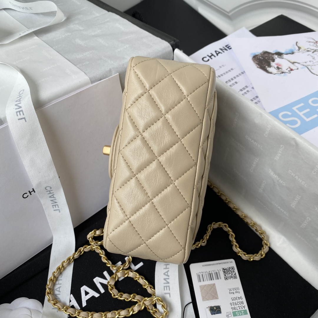 Ch**el MINI FLAP BAG SHINY CALFSKIN & Gold-Tone METAL Beige 5.3 × 6.6 × 3.1 in