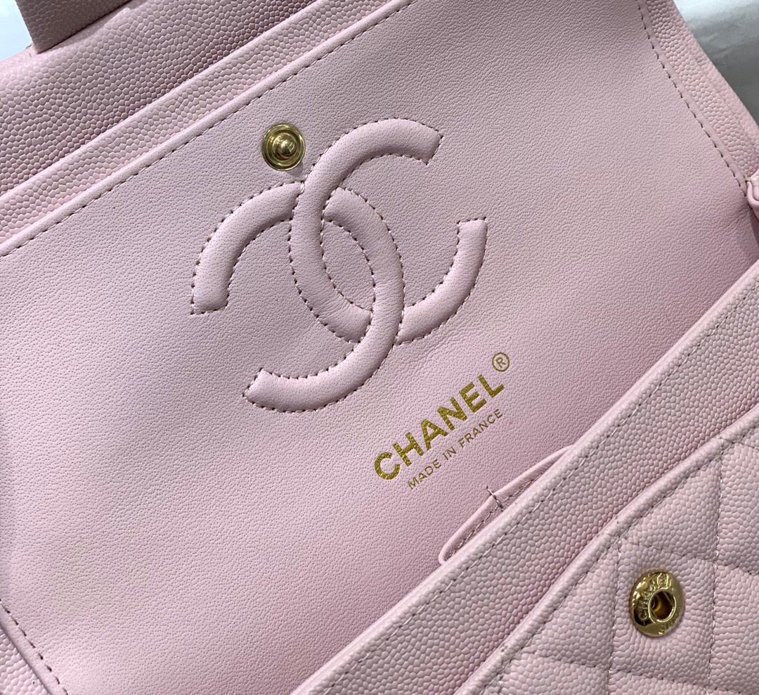Ch**el CLASSIC HANDBAG GRAINED CALFSKIN & GOLD-TONE METAL LIGHT PINK 6 × 9.9 × 2.5 in