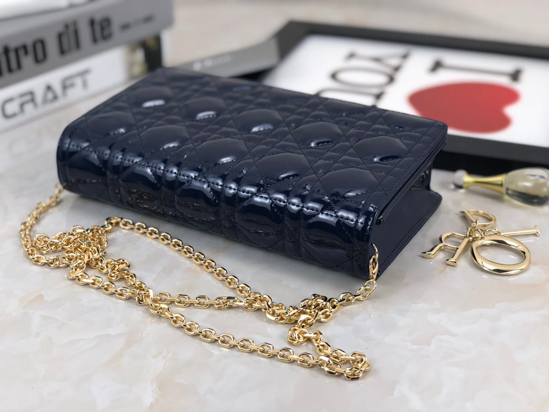 Lady D10r Pouch Navy Patent Cannage Calfskin 8.5 x 4.5 x 1 inches