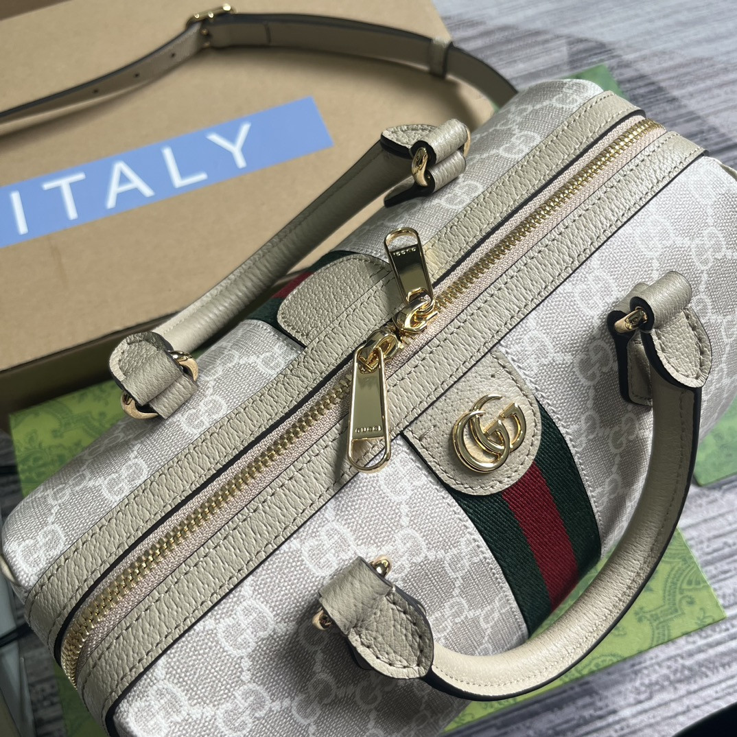 Gvc*1 OPHIDIA GG MINI TOP HANDLE BAG Beige and white 8.4"W x 5.5"H x 4.5"D