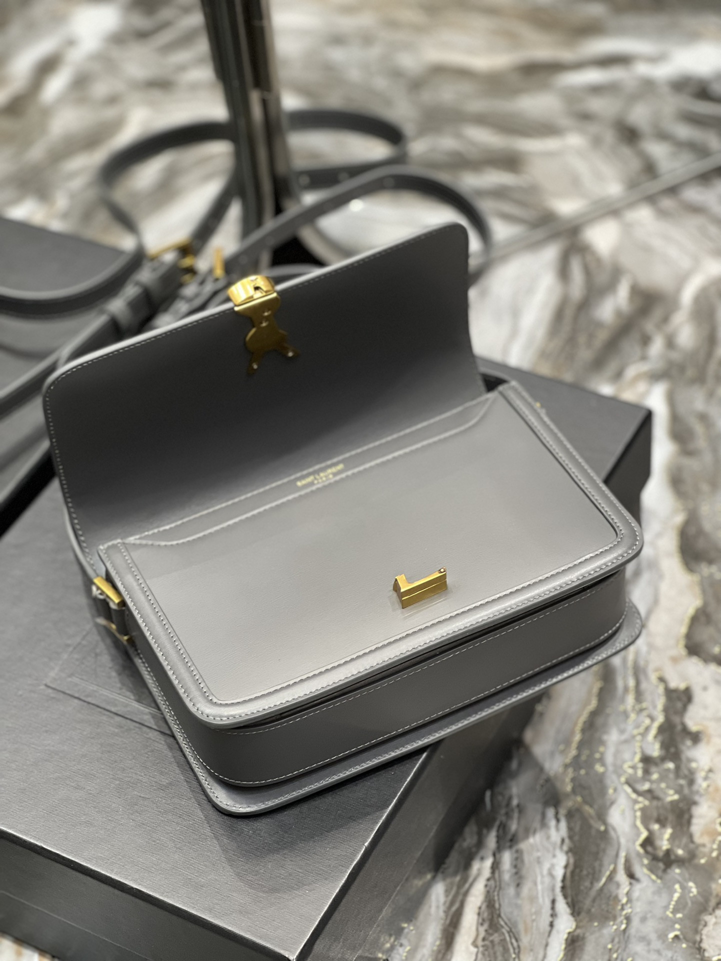 Y51 SOLFERINO MEDIUM SATCHEL IN BOX Sa1nt Lau*nt LIGHT GRAY 9.1 X 6.3 X 2.4 INCHES