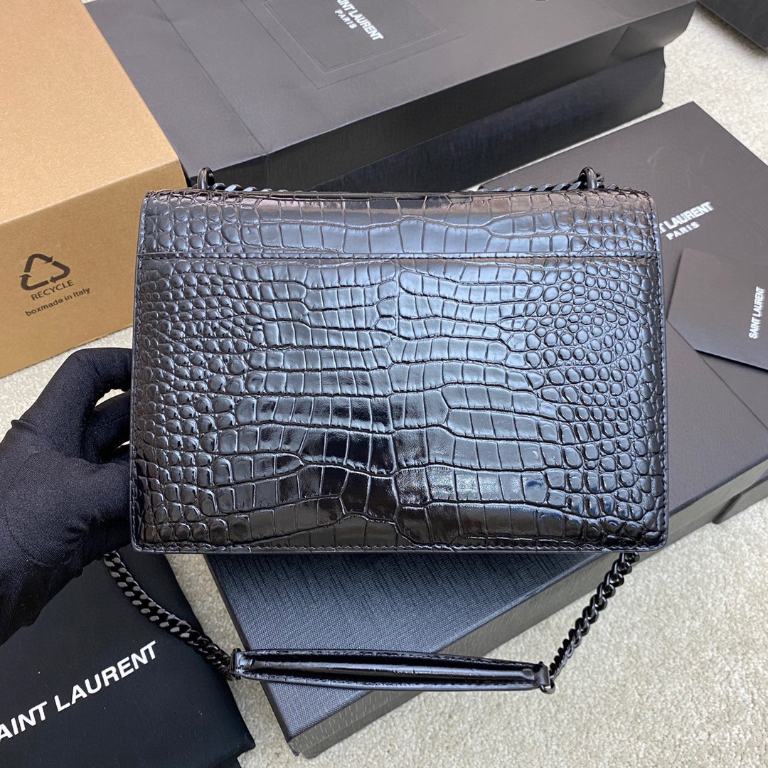 Y51 SUNSET MEDIUM IN CROCODILE-EMBOSSED LEATHER NOIR 8 X 6.2 X 2.5 INCHES