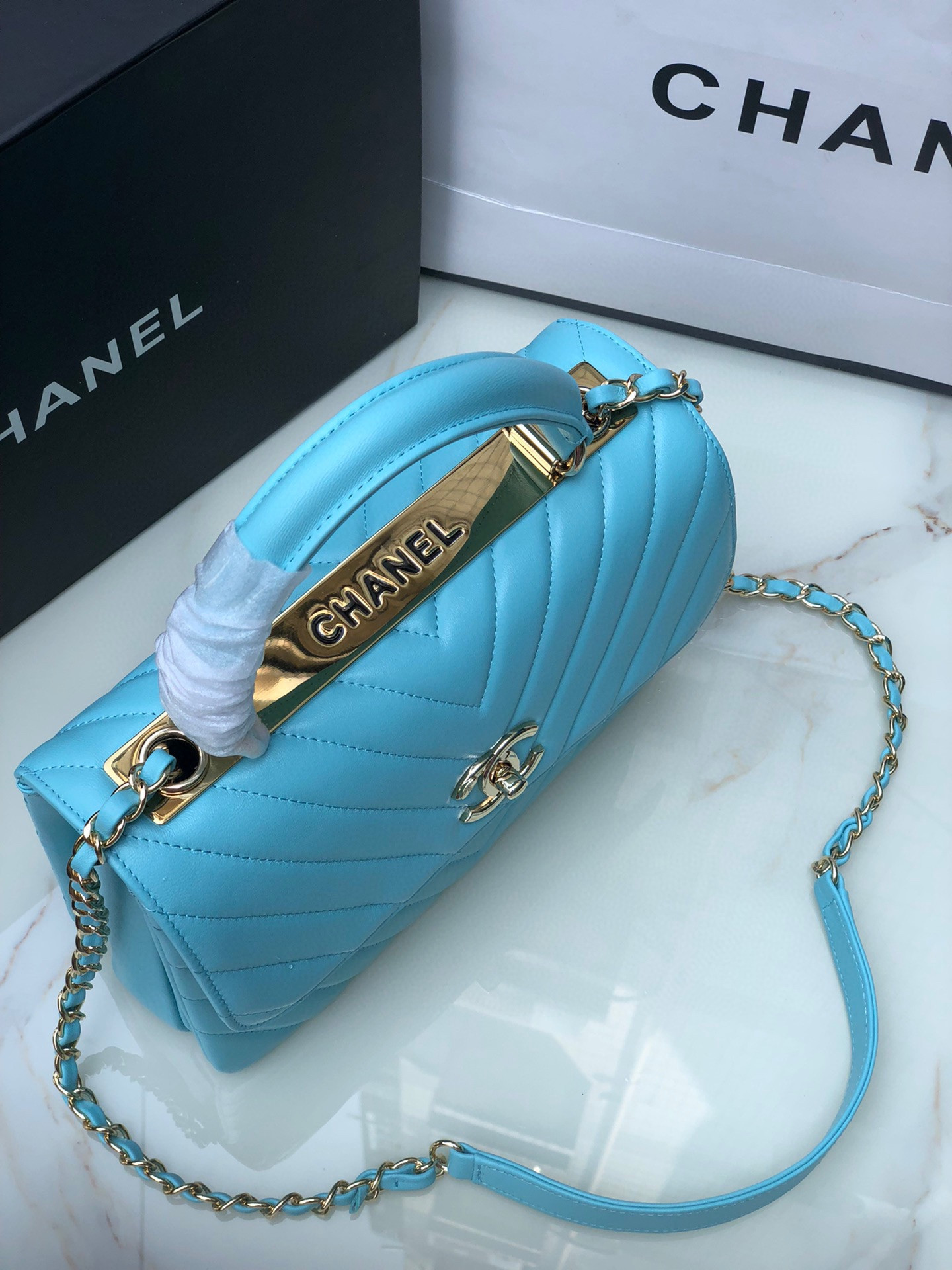 Ch**el FLAP BAG WITH TOP HANDLE 6.6 × 9.8 × 4.7 in