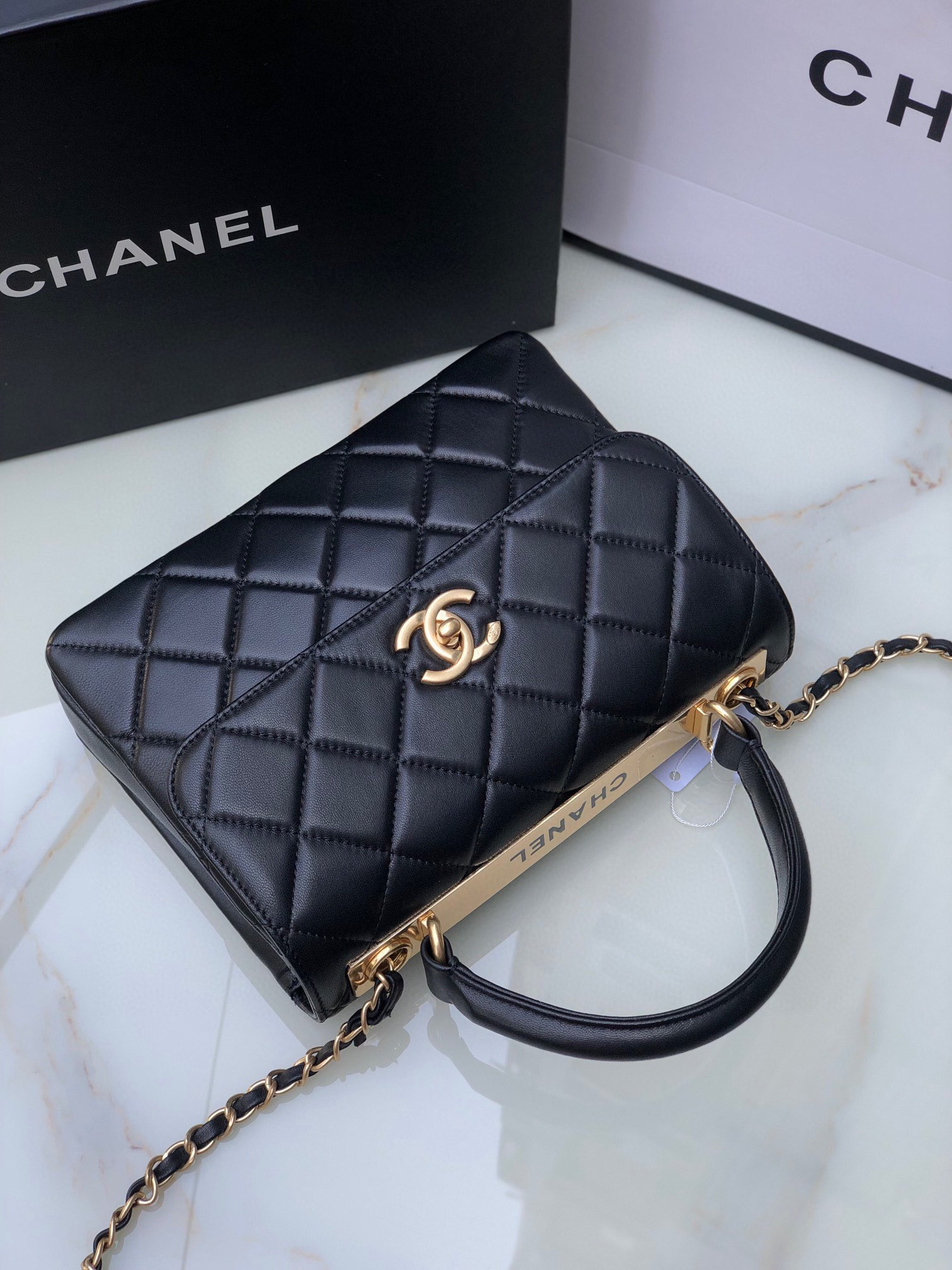 Ch**el FLAP BAG WITH TOP HANDLE 6.6 × 9.8 × 4.7 in