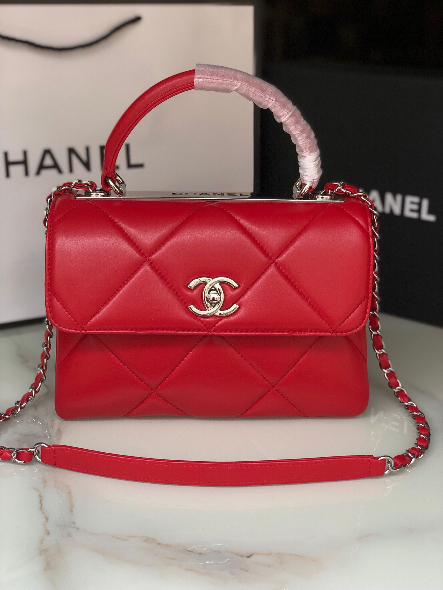 Ch**el FLAP BAG WITH TOP HANDLE 6.6 × 9.8 × 4.7 in
