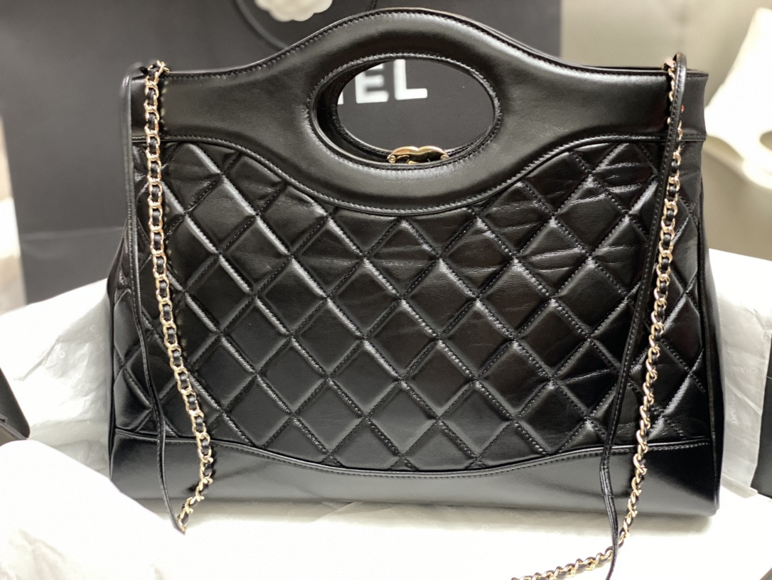 Ch**el  SHOPPING BAG Shiny Lambskin & Gold-Tone Metal Black 35x39x8cm